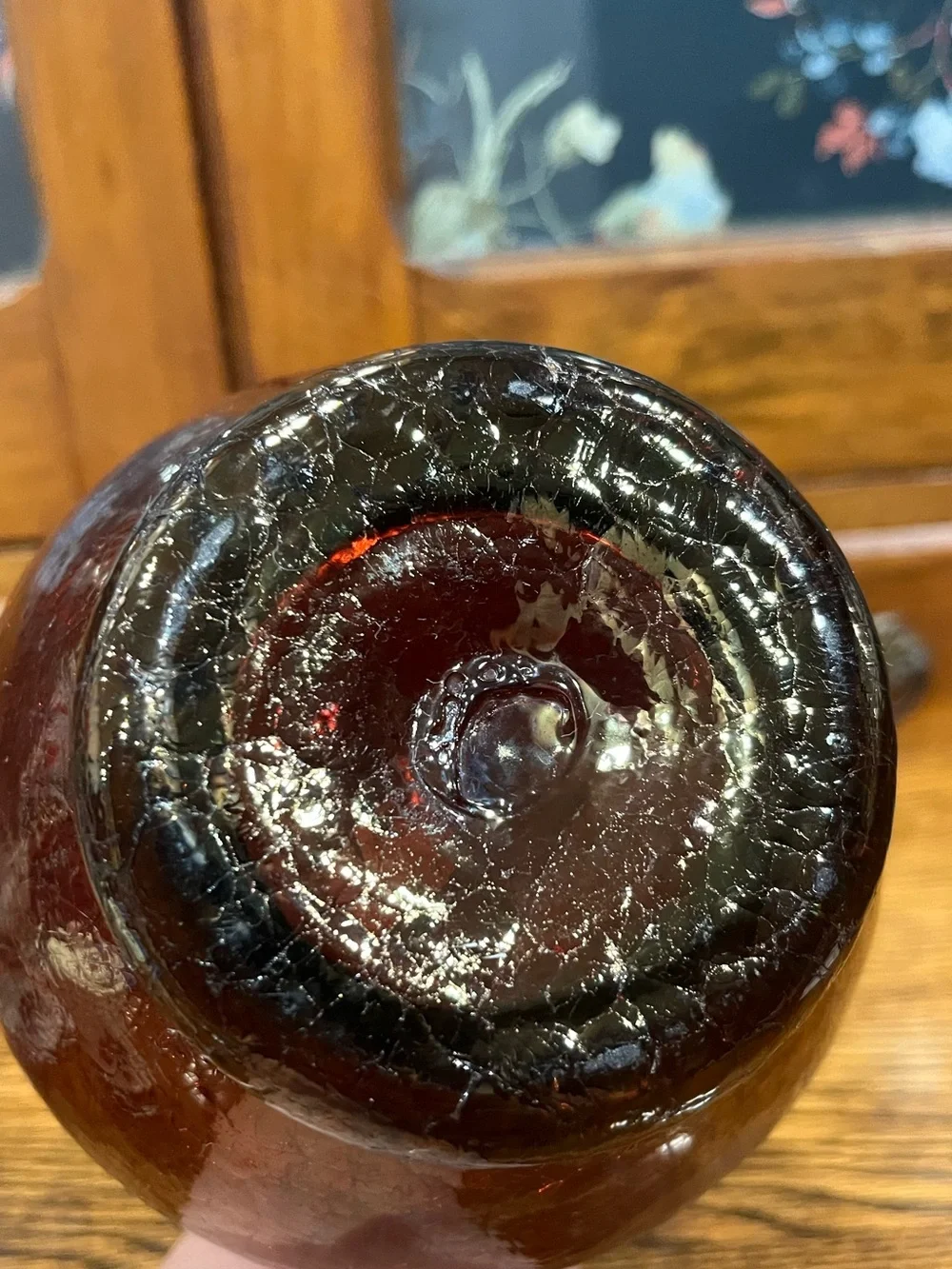 Vintage Burgundy Crackle Art Glass Vase Hand Blown Pontil 9.5” Artsy Collectable